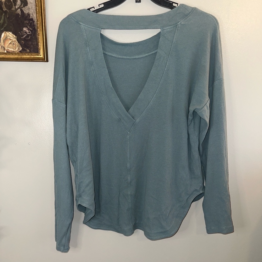 Athleta Ribbed Open Back Long Sleeve Top Teal Size Large Soft Athleisure Lounge - Picture 4 of 6